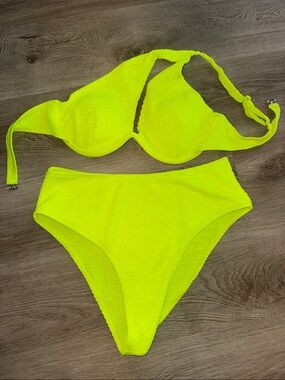 SHEIN Neon Yellow High-Waist Textured Bikini Set